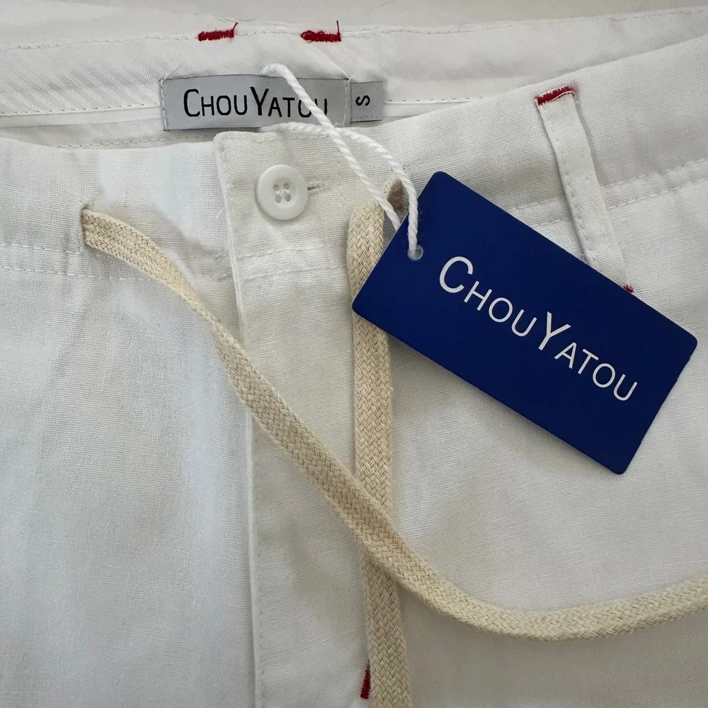 Chouyatou‎ Linen Blend Pants Womens Small White Drawstring Coastal Chino
